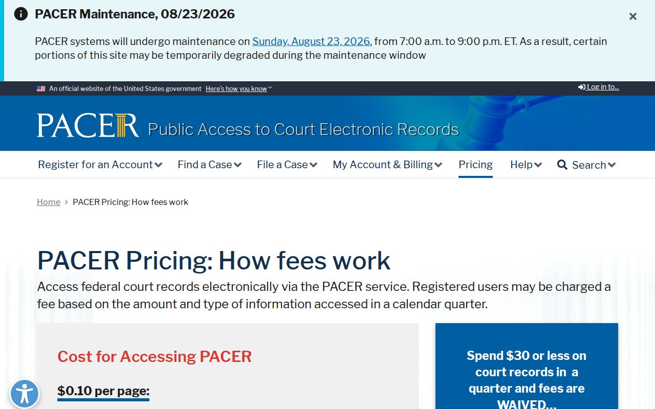 Crawford County court case records PACER pricing information