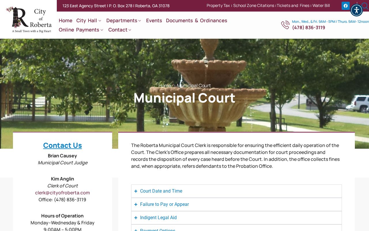 Roberta Municipal Court clerk and court records information